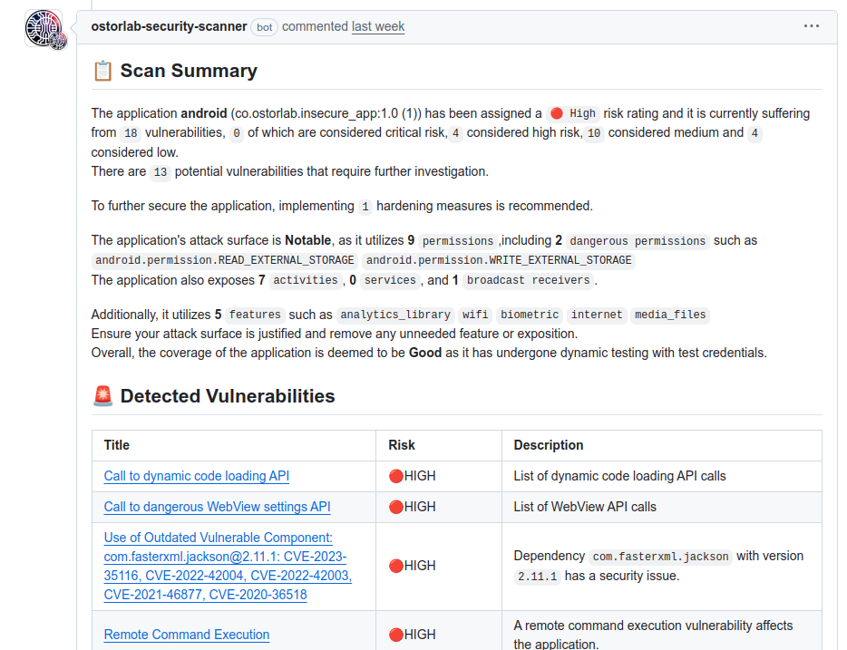 Scan summary on PR