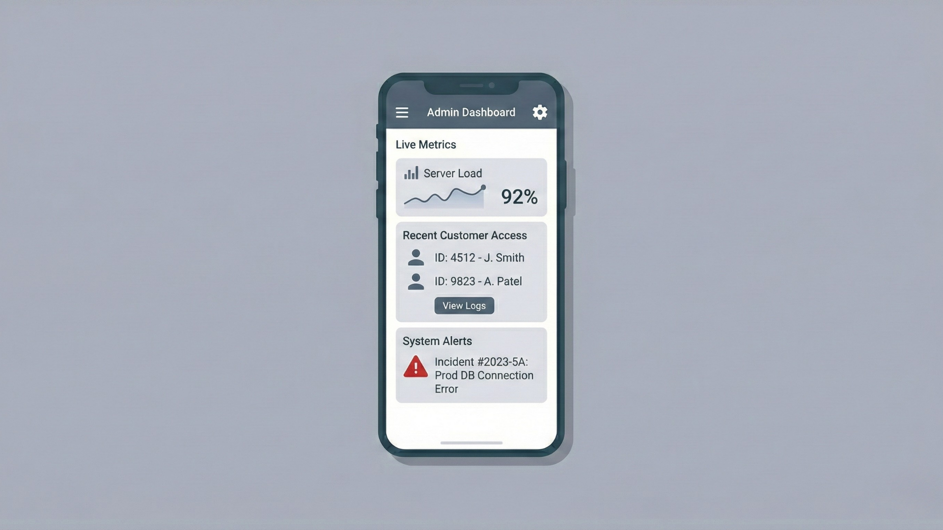 illustration of an internal administrative console exposing operational intelligence, system alerts, and user logs, highlighting a frequently overlooked attack vector that requires privileged access management and data masking.
