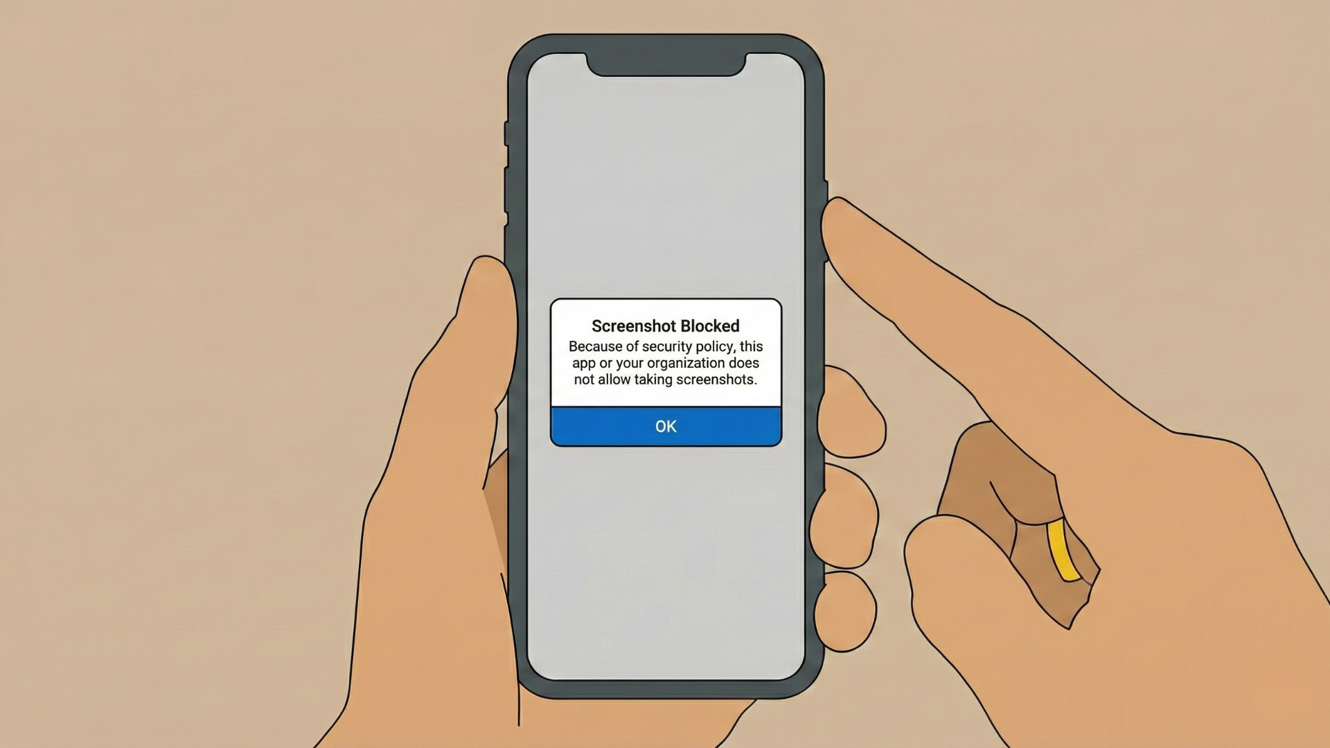 Close-up of a smartphone screen displaying a "Screenshot Blocked" alert due to security policy, illustrating the result of enabling the FLAG_SECURE window flag in Android development to prevent screen capture