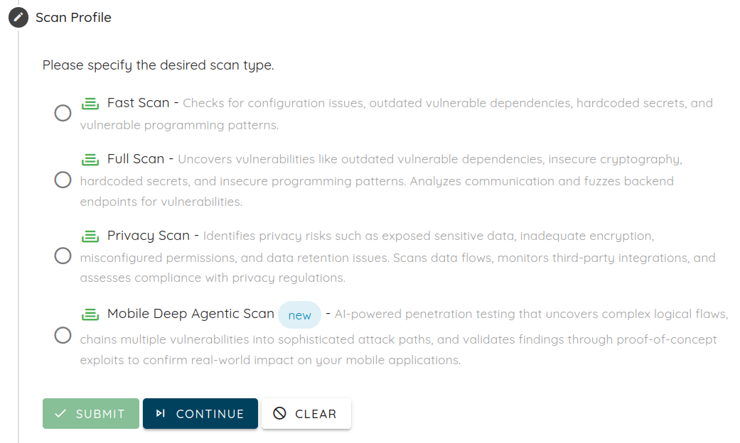 Scan profile interface on Ostorlab platform featuring Agentic Deep Scan