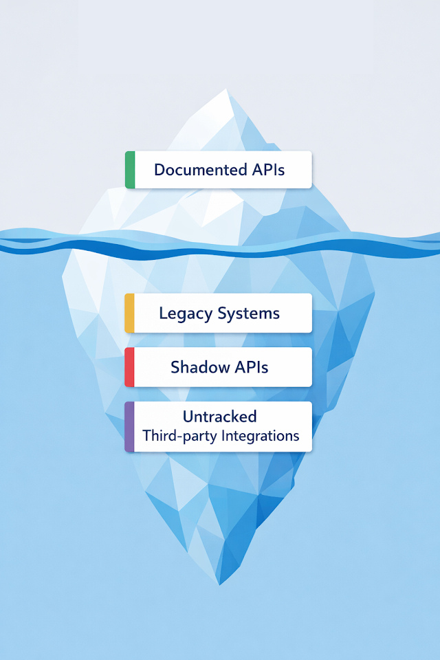 Various risks hide beneath, becoming part of the hidden end of the iceberg. Legacy systems, shadow APIs, and untracked third party integrations