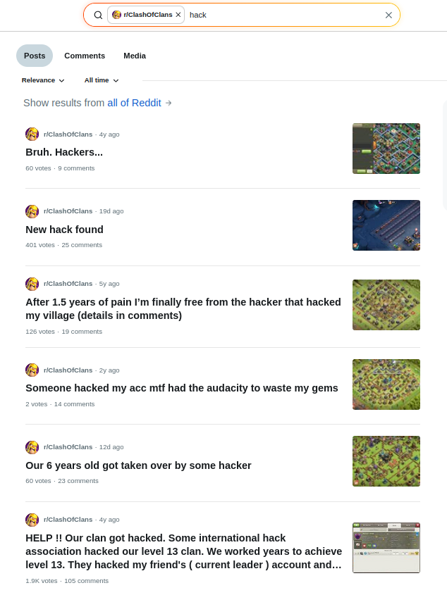 Multiple Reddit posts from r/ClashOfClans showing players complaining that their clans were hacked
