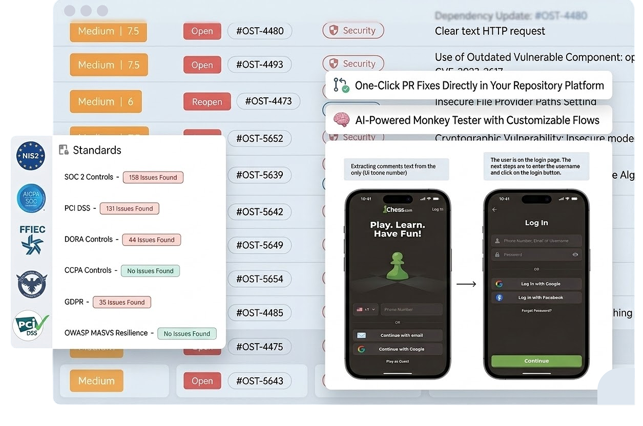 Ostorlab mobile game security testing platform showing compliance status, automated monkey testing on mobile game and list of vulnerabilities found with severity levels