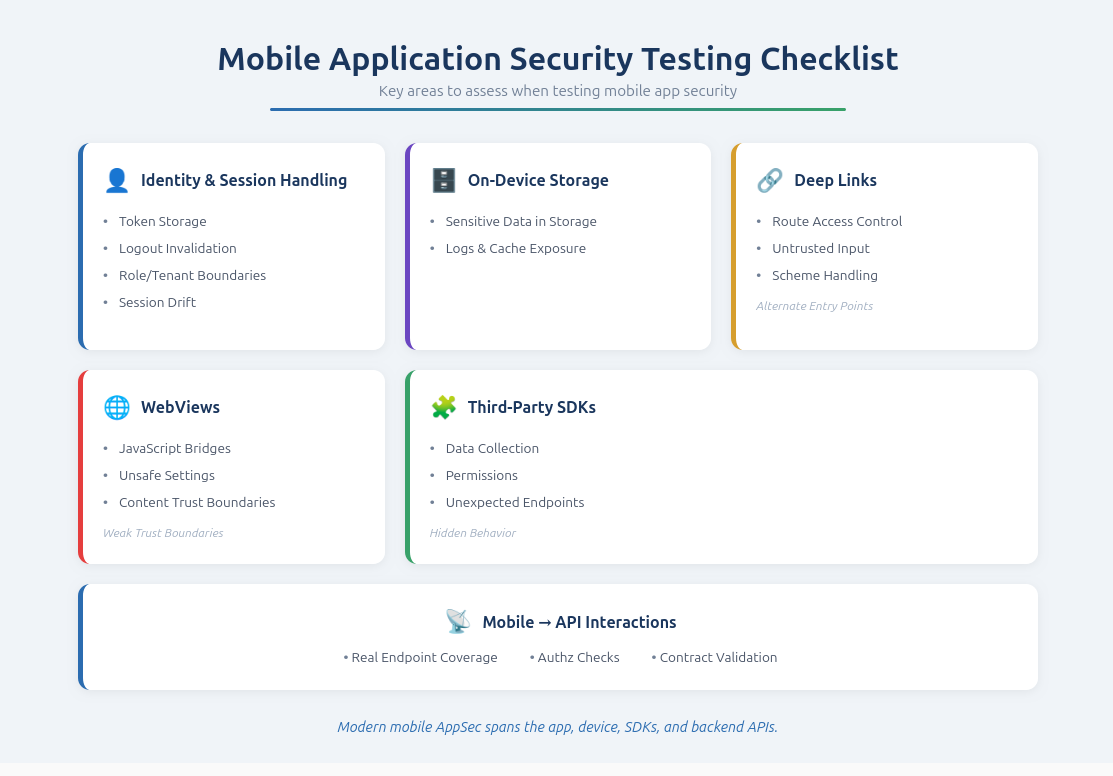 Comprehensive mobile AppSec testing checklist covering identity & session handling, on-device storage, deep links, WebViews, third-party SDKs, and mobile-to-API interactions for secure app development.