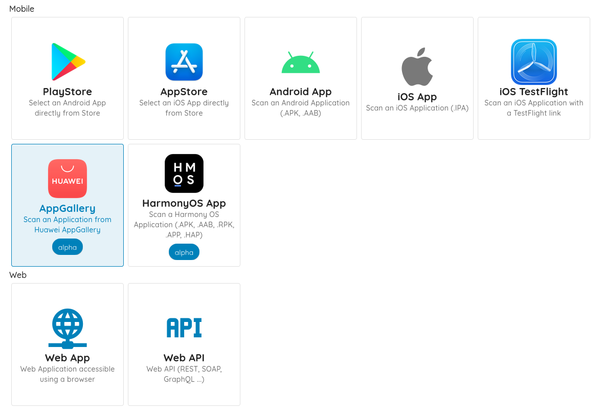 Run a mobile security scan for Huawei AppGallery and HarmonyOS apps&mdash;select your platform and get vulnerability findings fast.
