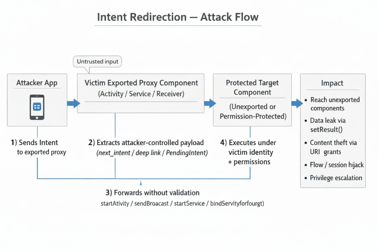 Intent redirection in Android lets attackers abuse exported proxy components to forward untrusted Intents, reach unexported targets, leak data via setResult(), steal content via URI grants, and hijack auth flows&mdash;plus practical, defense-in-depth mitigations.