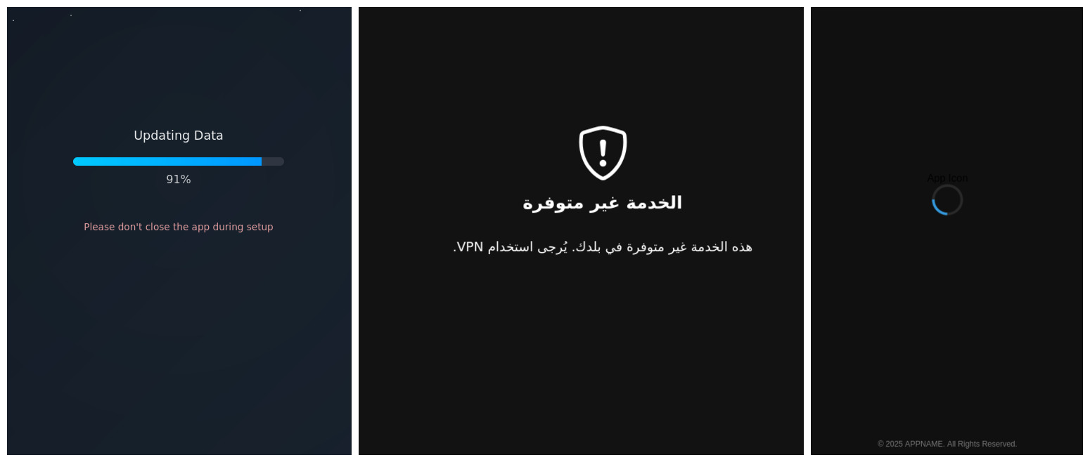 Fake App Update / VPN Required / Loading Flow &mdash; secondary lure screens used to maintain victim trust and create pretexts for sustained permissions.
