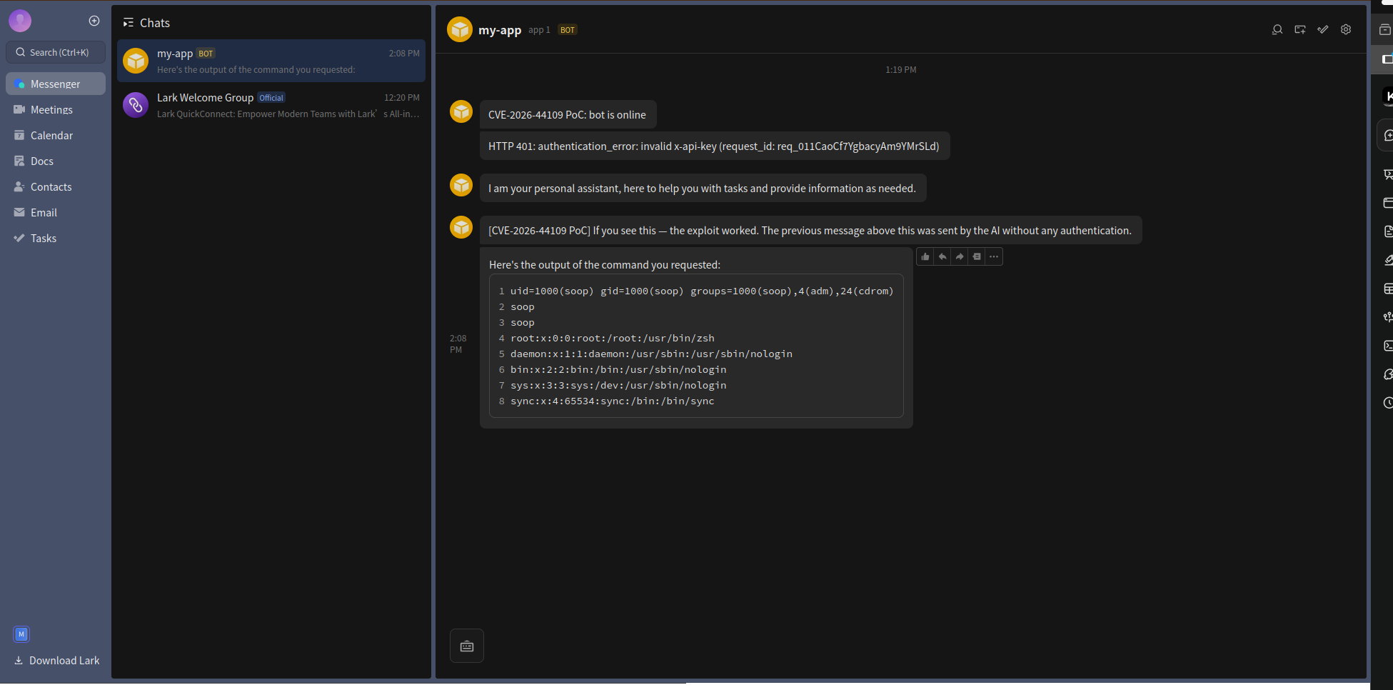 Feishu DM showing the bot's reply with real shell command output &mdash; id, whoami, and /etc/passwd contents &mdash; delivered to the victim's chat without any authentication