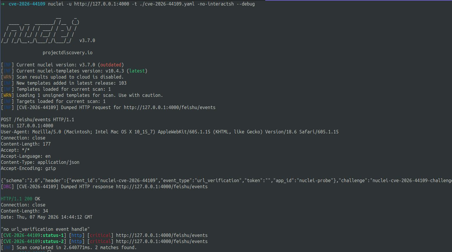 Nuclei scan output showing CVE-2026-44109 critical finding against a vulnerable OpenClaw 2026.3.11 instance &mdash; 1 match found in 3.59ms