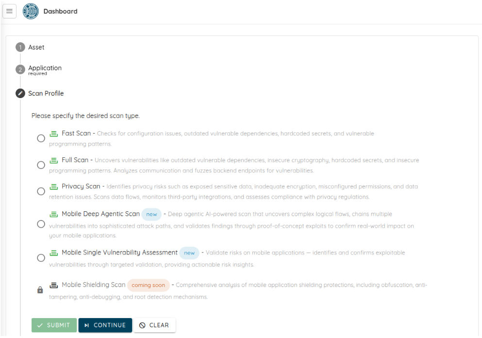 Ostorlab's Scan profiles menu