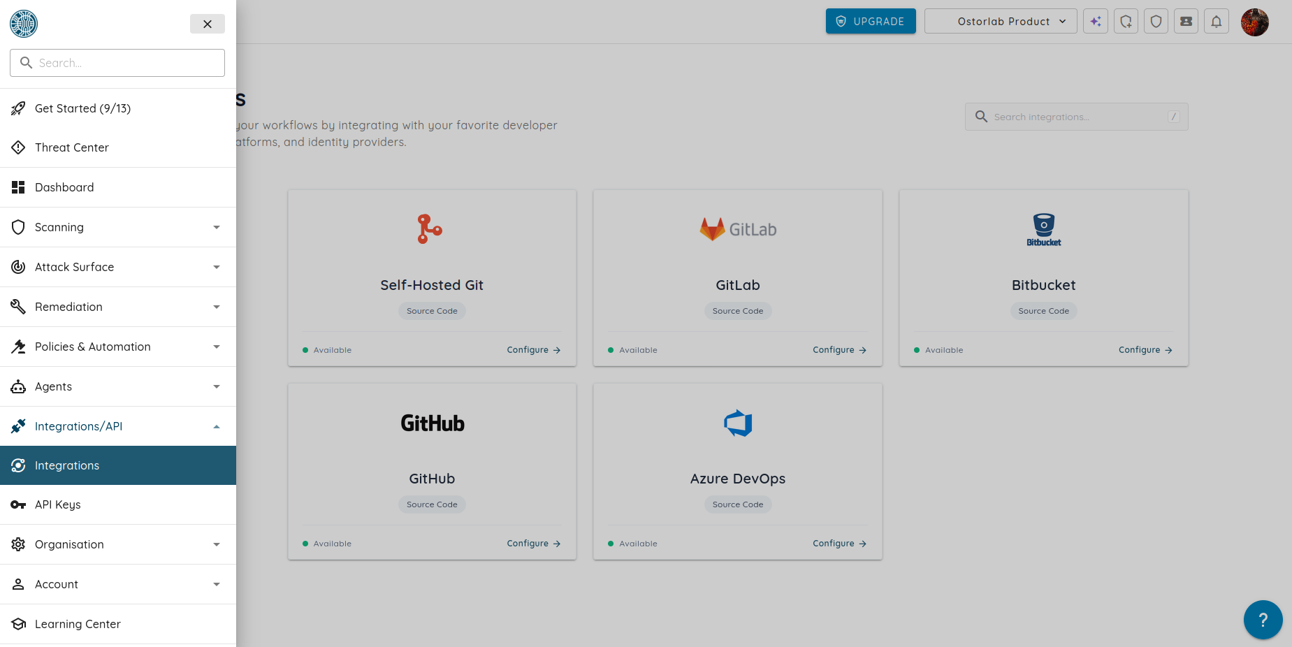 Select your git provider and connect your repository to Ostorlab. Ostorlab Integrations - Source Code