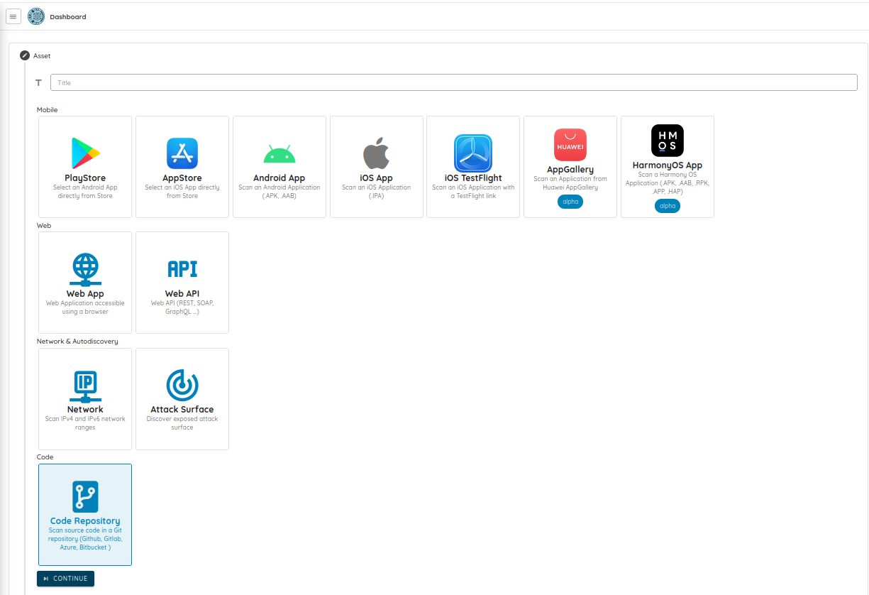Select the code repository as asset type. Ostorlab Scanning Asset types