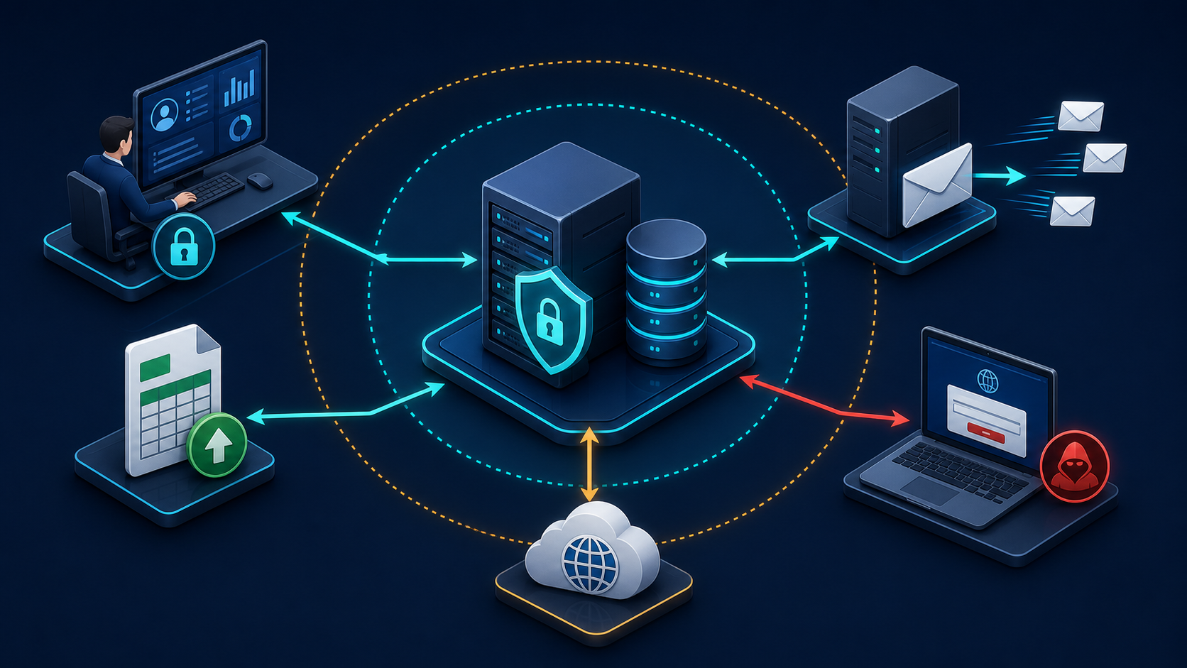 Conceptual map of the GoPhish trust model: administrators, recipient import, SMTP delivery, target browsers, and the Import Site outbound connection converge on the central platform.