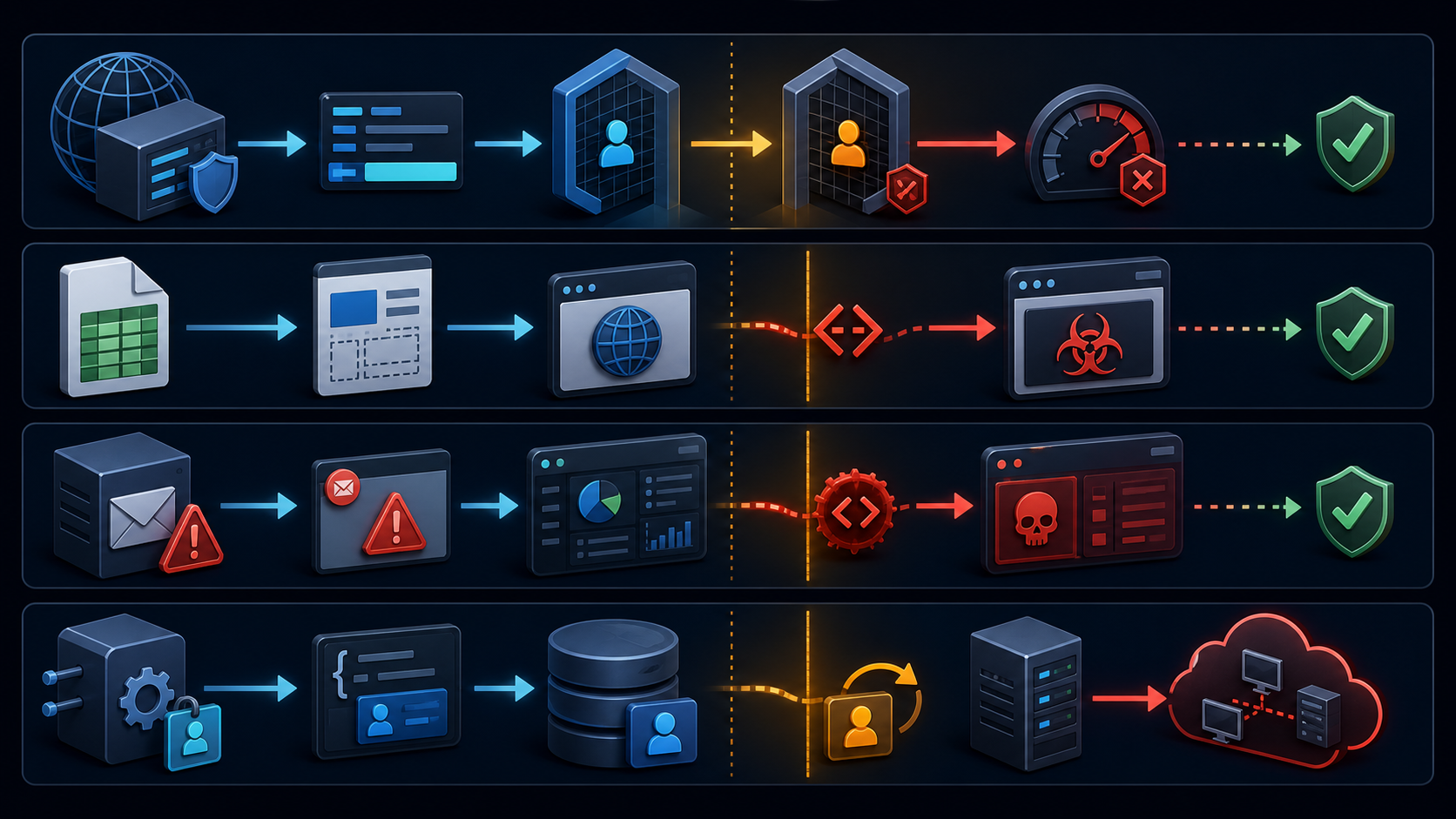 Four conceptual risk lanes: proxy-derived identity reaches a rate-limit decision; imported data crosses into browser rendering; SMTP error data crosses into an administrator UI; API object data and outbound requests cross ownership and network boundaries.