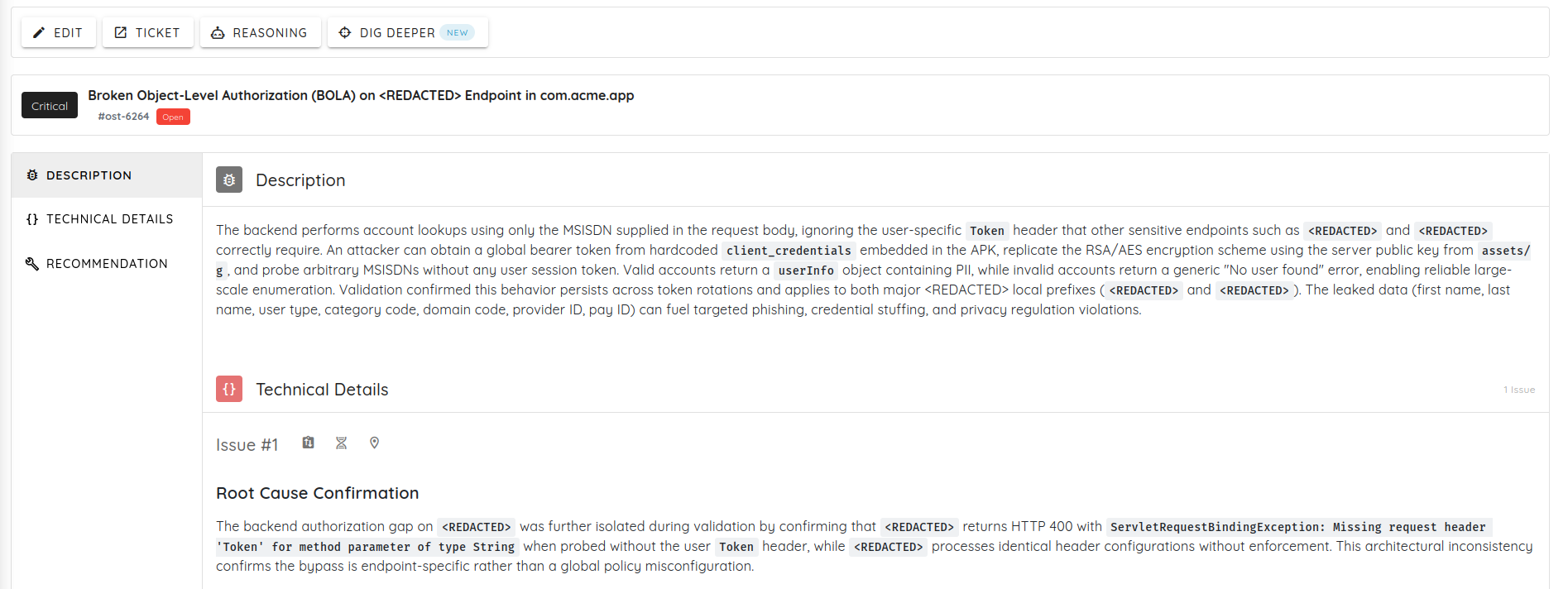 Ostorlab Agentic Deep Scan finding overview — Broken Object-Level Authorization An Ostorlab finding overview showing a Critical Broken Object-Level Authorization finding, its description, and the root-cause confirmation behind it.