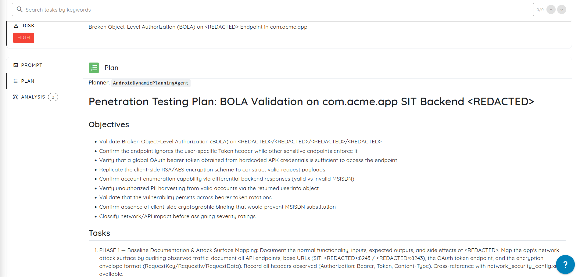 Documented, inspectable testing methodology from an Ostorlab Agentic Deep Scan finding The testing plan behind the same finding, showing a named planning agent, explicit objectives, and a phased task list, starting with baseline documentation and attack-surface mapping.