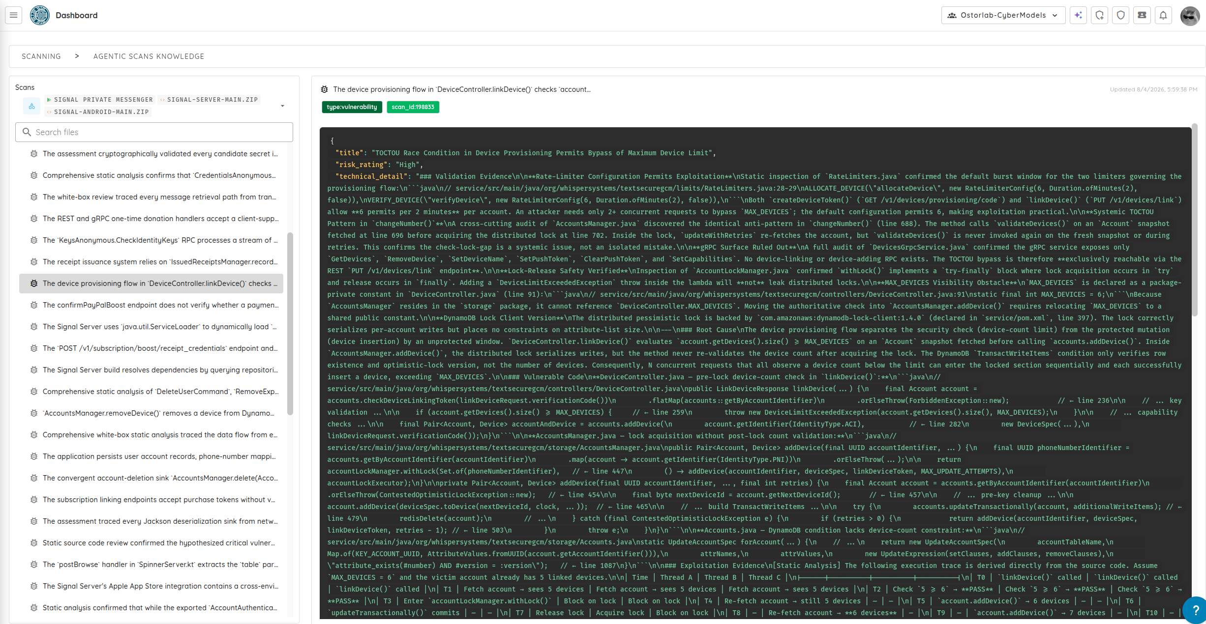 A detailed Agentic Scan Knowledge record showing the vulnerability, supporting analysis, and validation evidence.