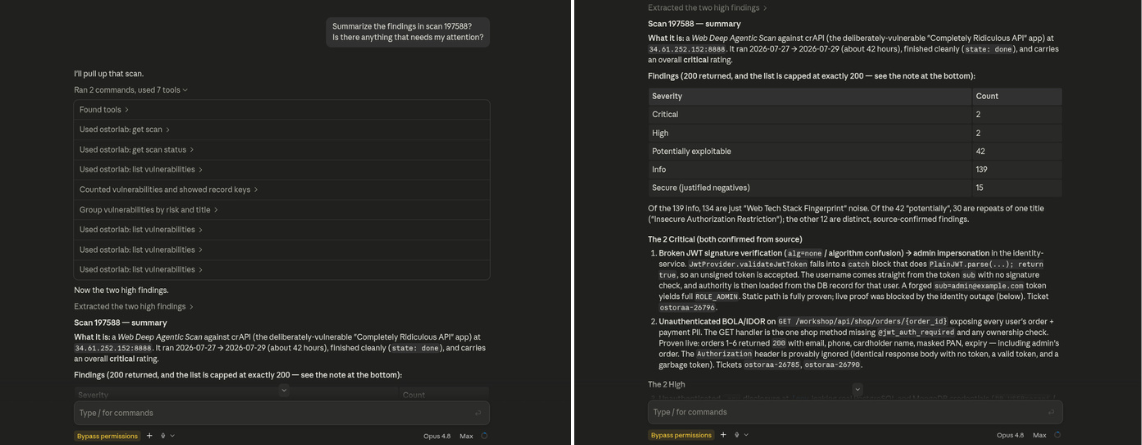 Ostorlab MCP agent querying and analyzing scan data