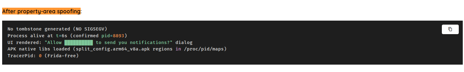 Figure 2: After the property write The same evidence page after the property write: no crash report, process alive, native libraries loaded