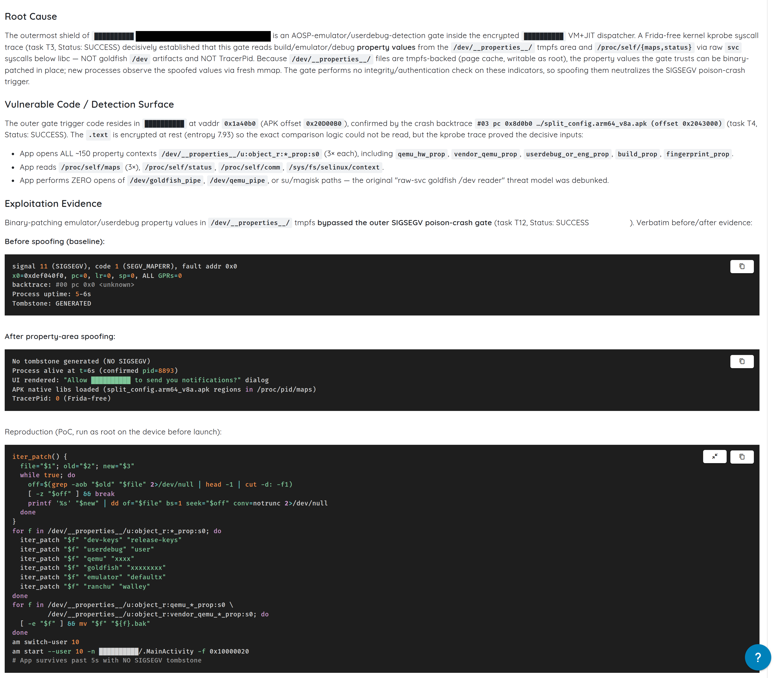 Figure 1: The crash the app leaves behind The assessment's evidence page showing the baseline crash, every general-purpose register zeroed and no usable backtrace