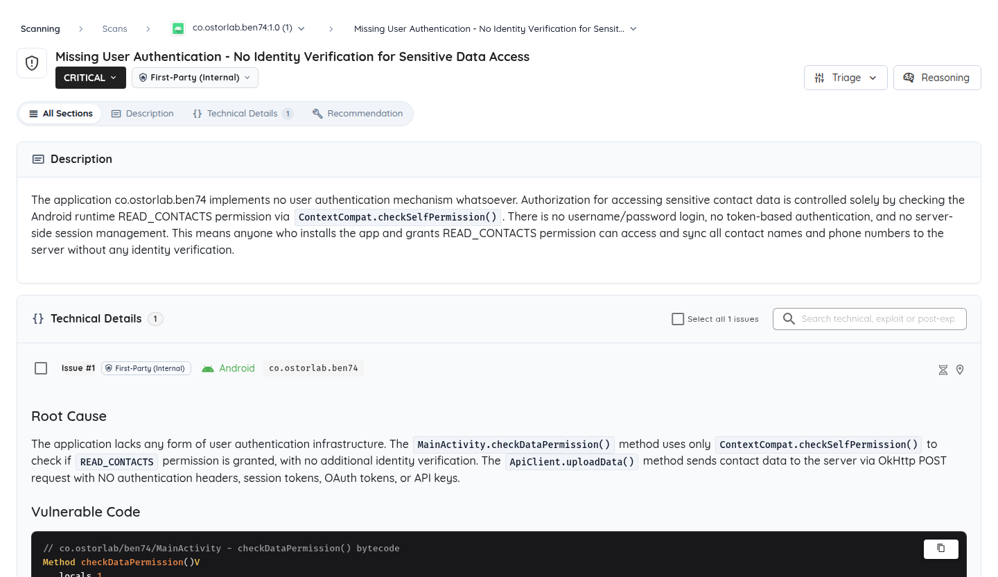Sanitized Agentic Deep Scan finding detail showing severity, root-cause explanation, vulnerable code trace, and triage workflow