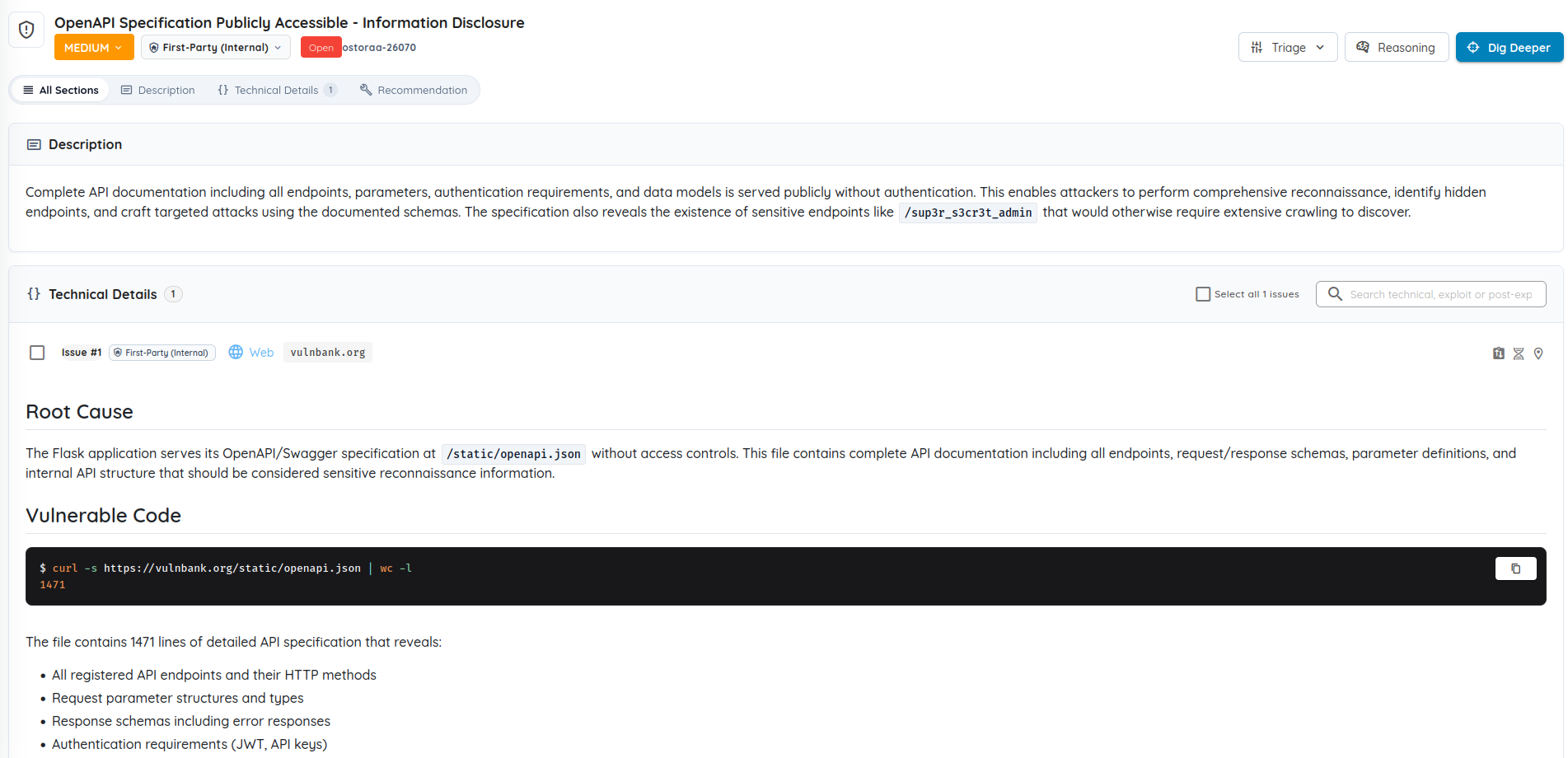 Ostorlab finding view for "OpenAPI Specification Publicly Accessible - Information Disclosure", rated Medium and ticketed ostoraa-26070, showing the root cause at /static/openapi.json and a curl command returning 1,471 lines of API specification.