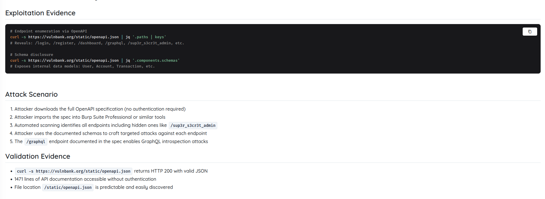 Exploitation evidence from the OpenAPI finding showing jq enumeration of .paths and .components.schemas, an attack scenario listing endpoint discovery through to GraphQL introspection, and validation evidence confirming 1,471 lines accessible without authentication.
