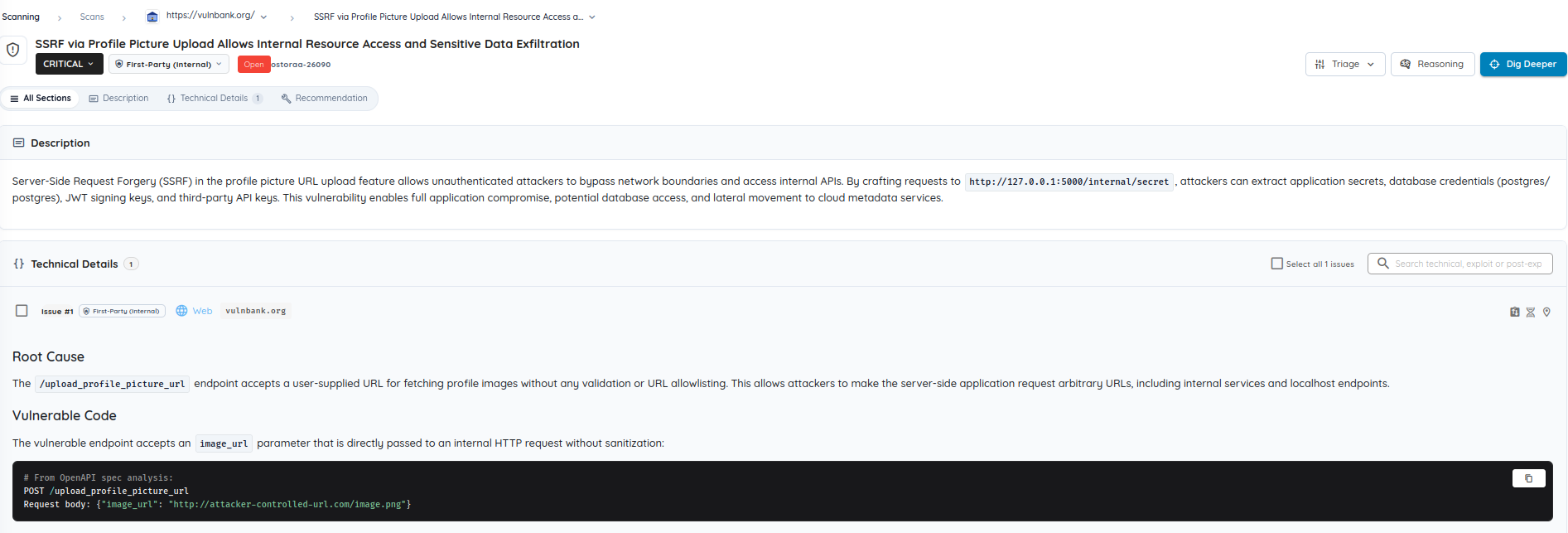Ostorlab finding view for "SSRF via Profile Picture Upload Allows Internal Resource Access and Sensitive Data Exfiltration", rated Critical and ticketed ostoraa-26090, whose vulnerable-code block is annotated "# From OpenAPI spec analysis".