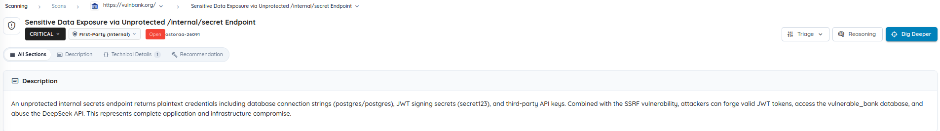 Ostorlab finding view for "Sensitive Data Exposure via Unprotected /internal/secret Endpoint", rated Critical and ticketed ostoraa-26091, describing plaintext database credentials, JWT signing secrets and third-party API keys reachable in combination with the SSRF.