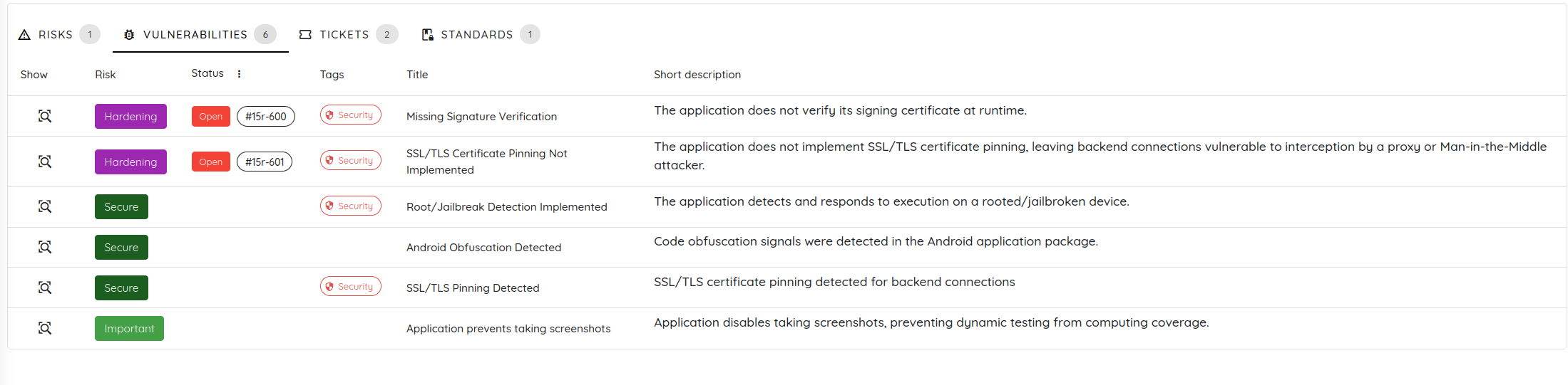 The results overview separates open hardening gaps from protections identified in the assessed build. Ostorlab shielding results showing open hardening gaps and detected mobile app protections.