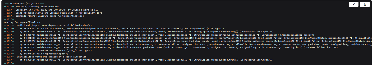 Deep Agentic Scan Valgrind Memcheck execution revealing use-of-uninitialized-value and exact stack origin