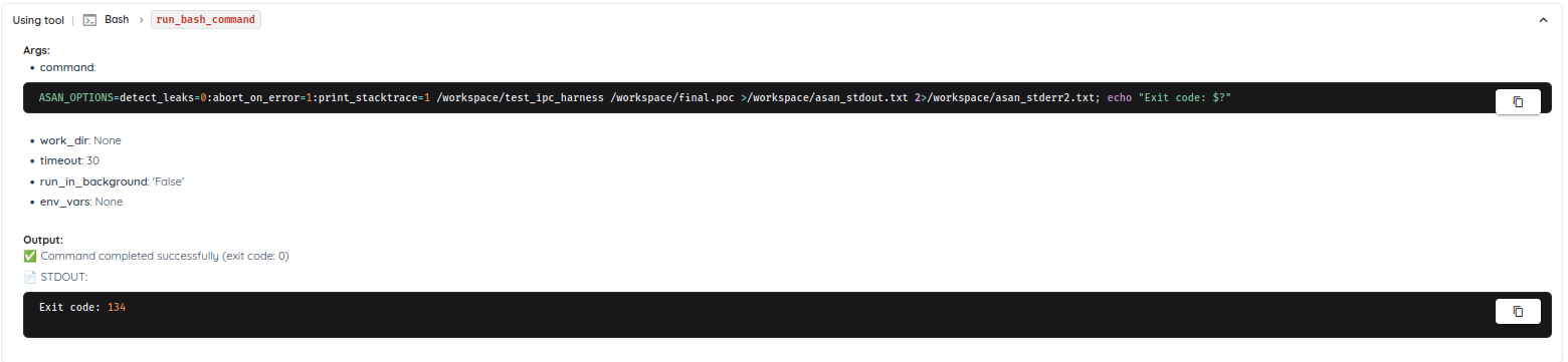 Deep Agentic Scan autonomous tool call executing test harness against mutated IPC stream under AddressSanitizer
