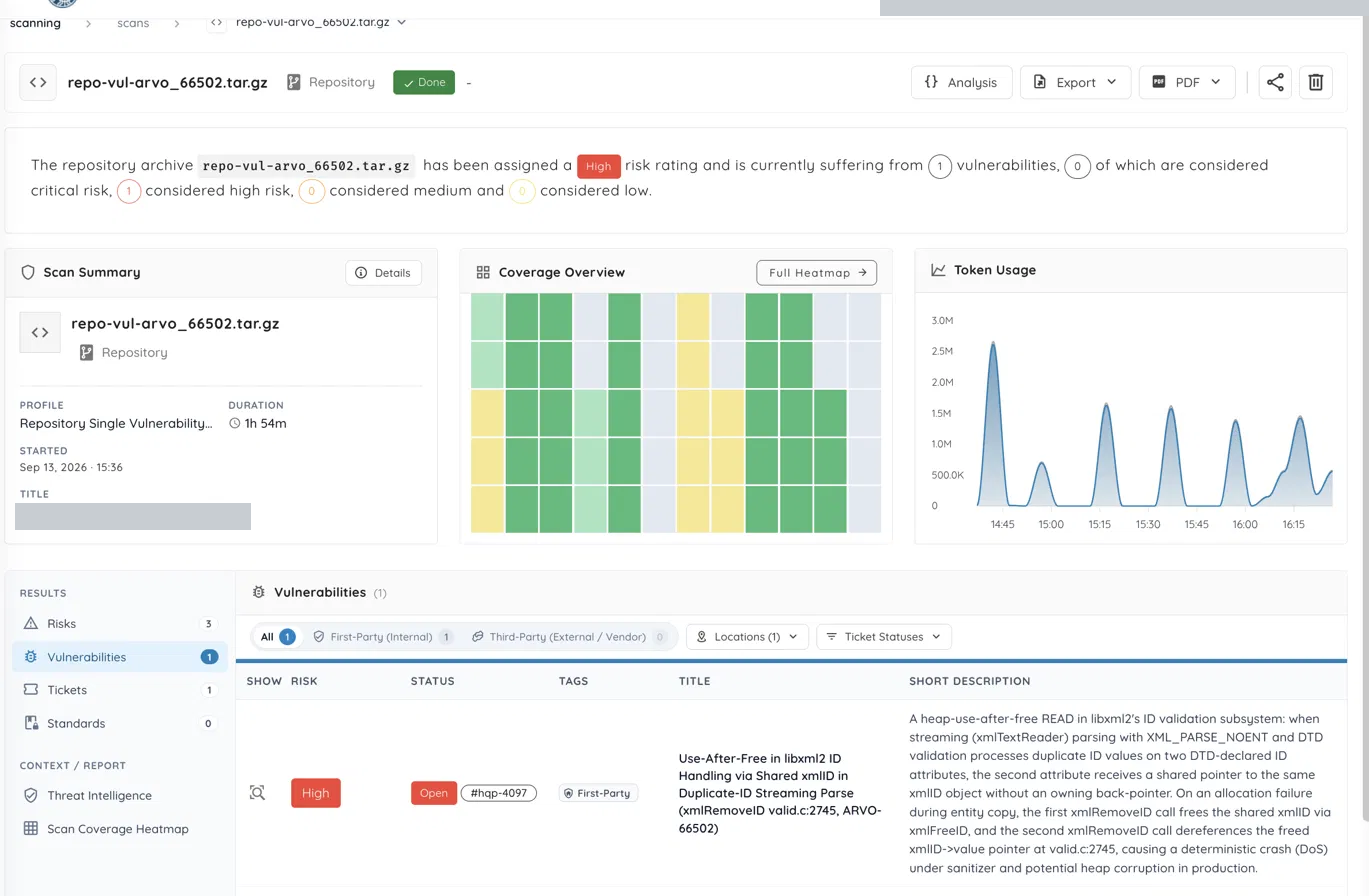 libxml2 use-after-free scan overview: coverage heatmap, token usage and the high-risk finding