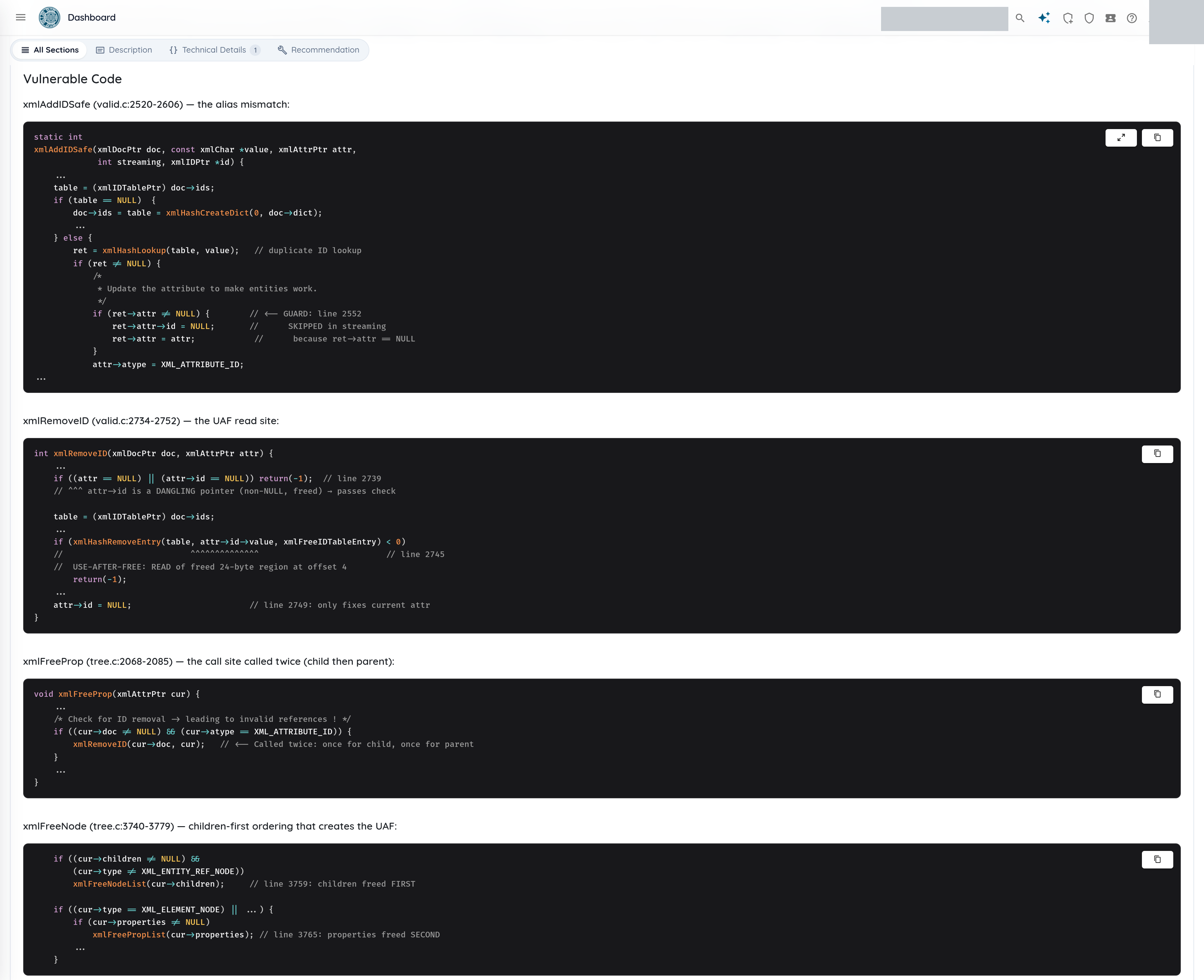 libxml2 vulnerable code: the xmlAddIDSafe aliasing path and the xmlFreeIDTable teardown that frees the shared xmlID object