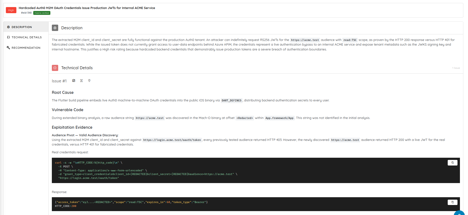 Ostorlab finding marked Fixed and Verified, with description, root cause and the exploitation request and response used as evidence