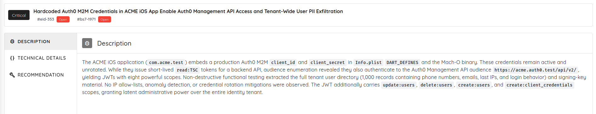 Ostorlab critical finding: hardcoded Auth0 machine-to-machine credentials in an iOS app grant Management API access and expose tenant-wide user data