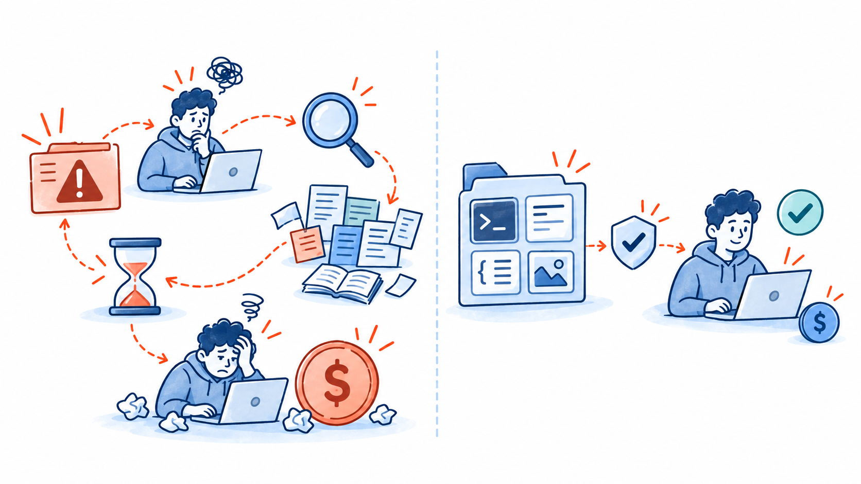 Diagram contrasting a noisy security alert that sends an engineer through repeated context recovery and investigation with an evidence-backed finding that lets an engineer verify the proof and act directly