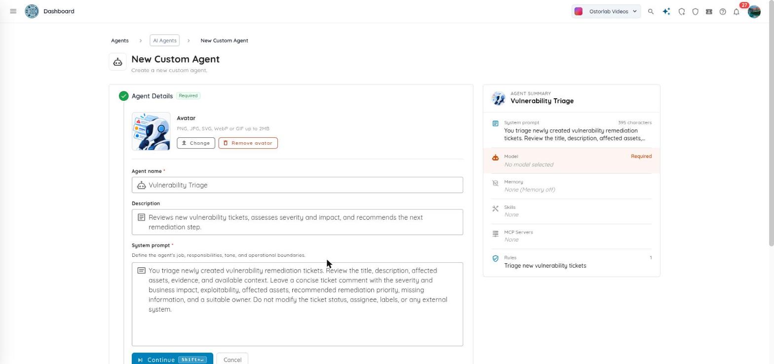The agent details step, with the agent's name, description and system prompt