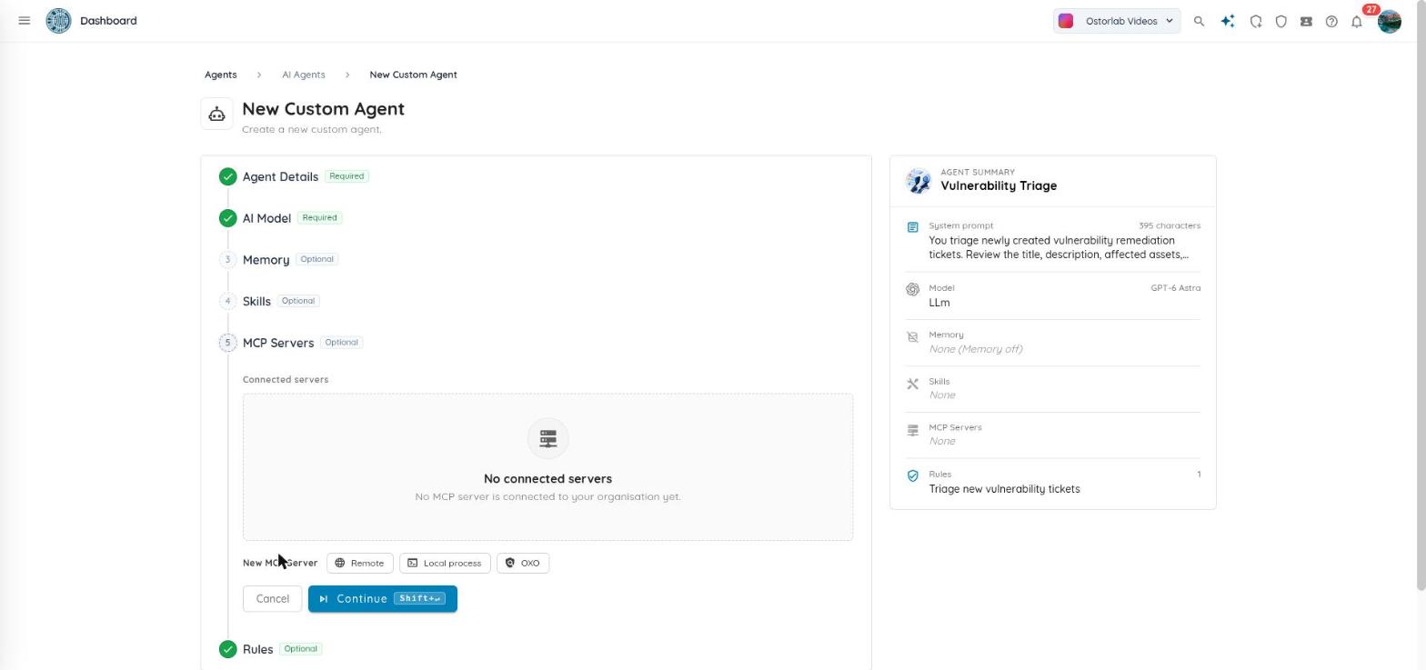 The MCP servers step, where you connect remote, local or Ostorlab OXO MCP servers