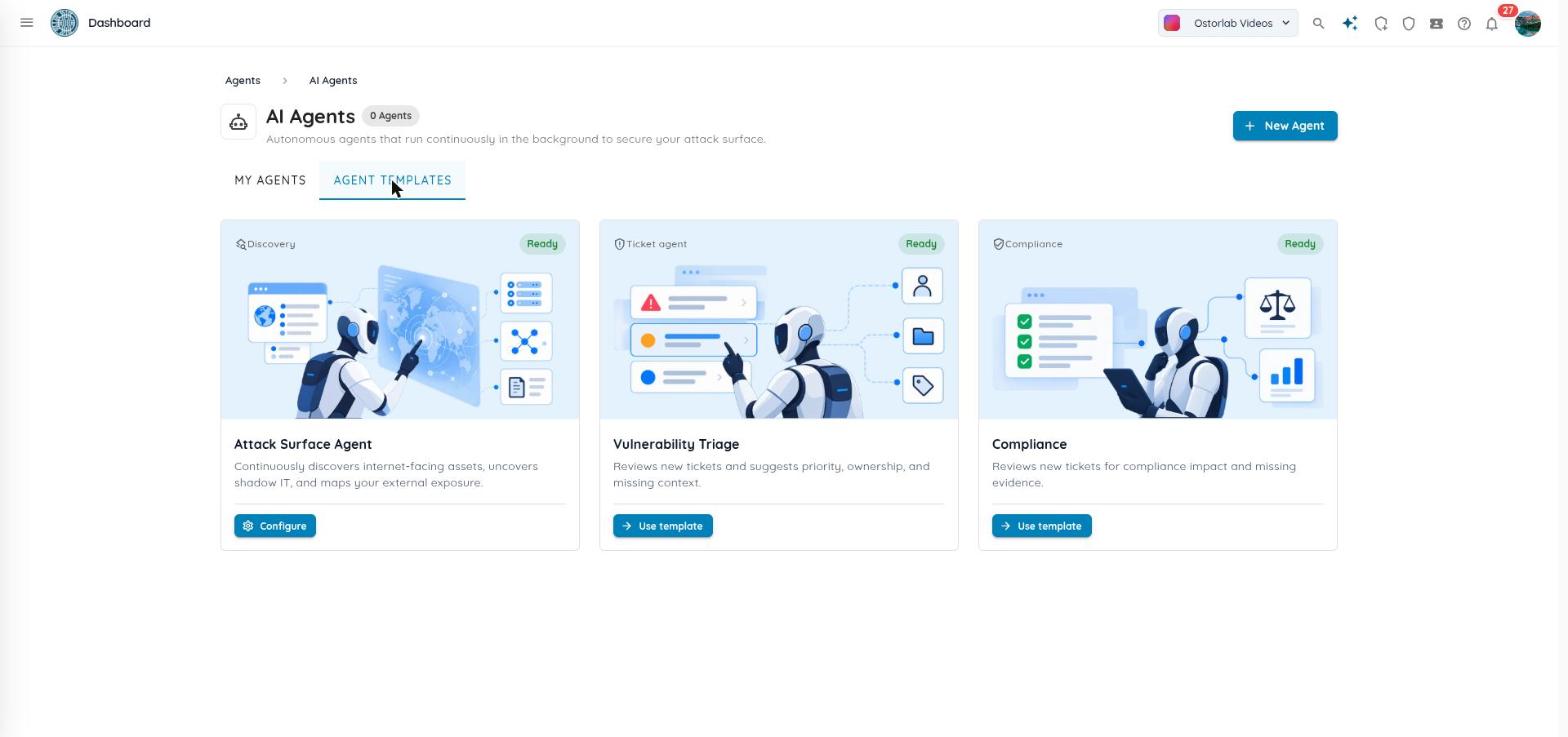 The agent templates tab, with the Vulnerability Triage and Compliance templates
