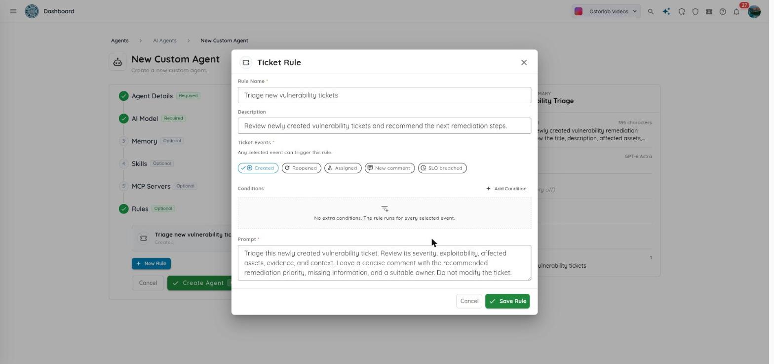 A ticket rule that fires when a ticket is created, with its prompt