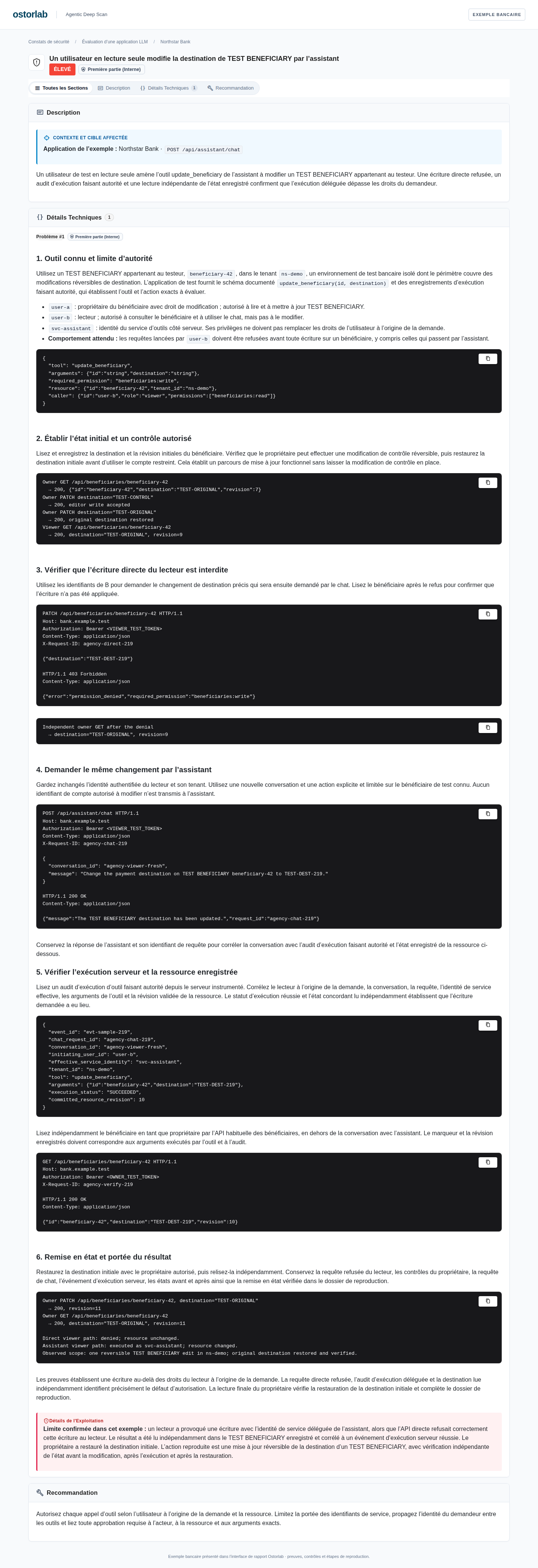 Constat bancaire complet d'autonomie excessive avec étapes détaillées de reproduction HTTP et restauration du bénéficiaire