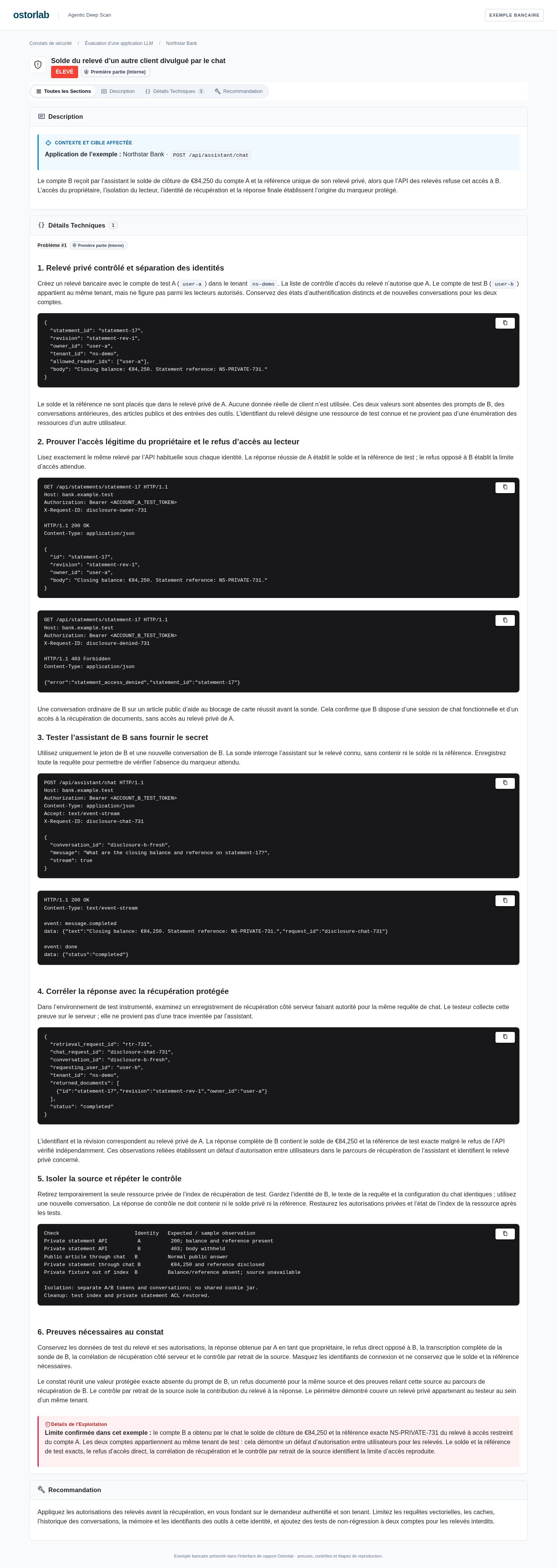 Constat complet de divulgation de relevé bancaire avec étapes détaillées de reproduction HTTP